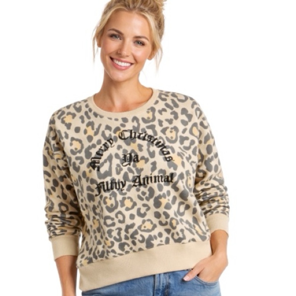 NWT Lucky Brand Merry Christmas You Filthy Animal Print Crewneck Sweatshirt